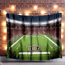 A unique way to showcase your college football team pride using a shower curtain as a garden fence hanging.