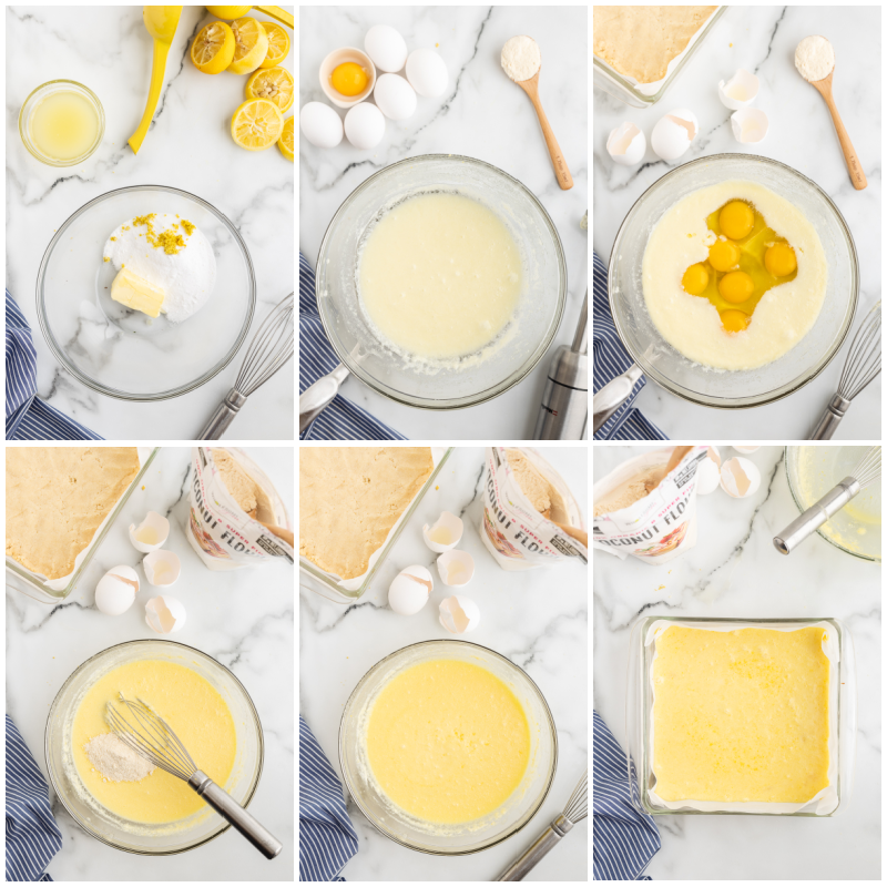 Six photos of the process of making the custard portion of Keto Lemon Bars.