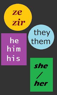 Image of four pronoun buttons on a dark grey background: Buttons say "they them", "he him his", "ze zir", "she / her" in various colours