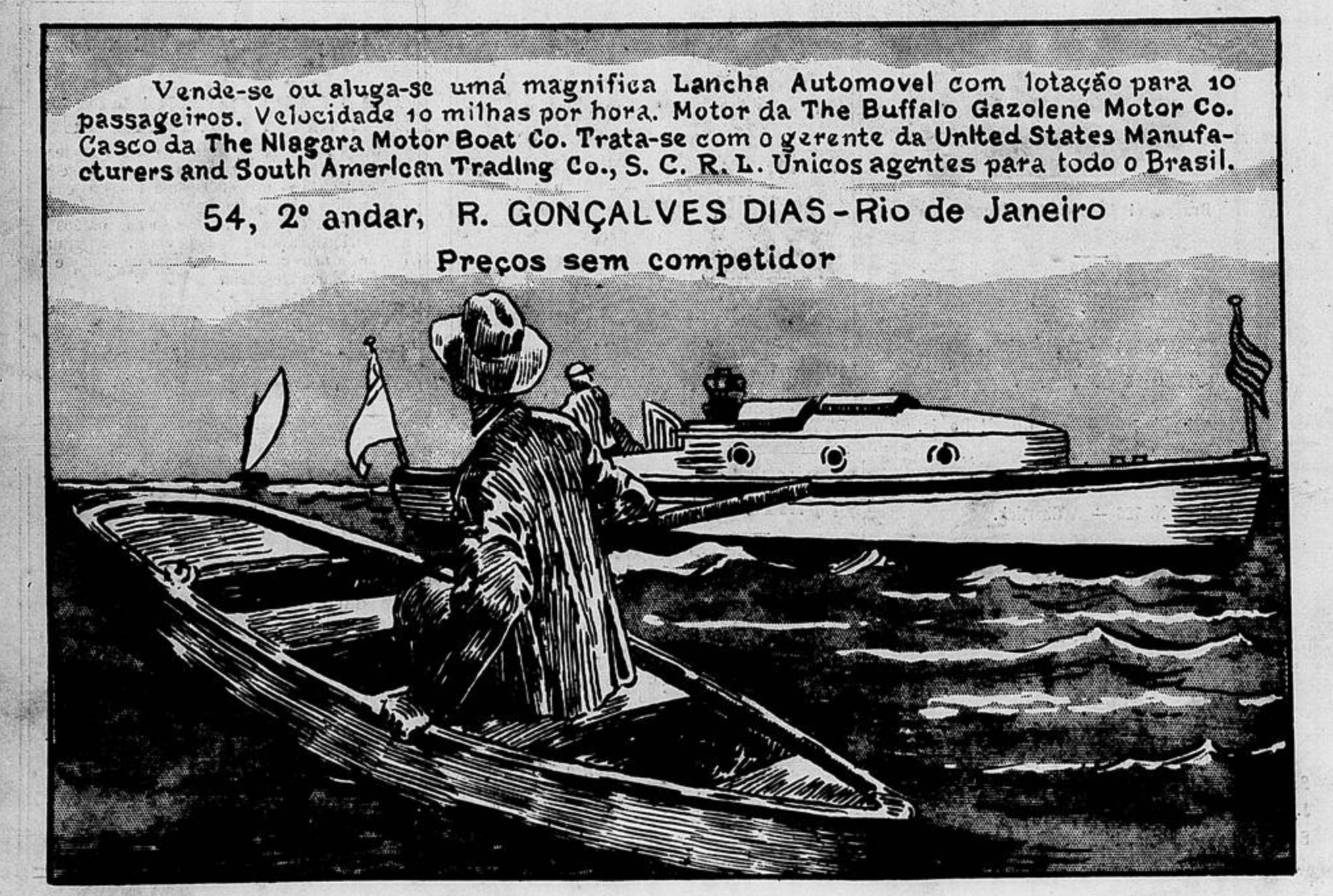 Anúncio de 1909 promovia a venda de lanchas no Rio de Janeiro