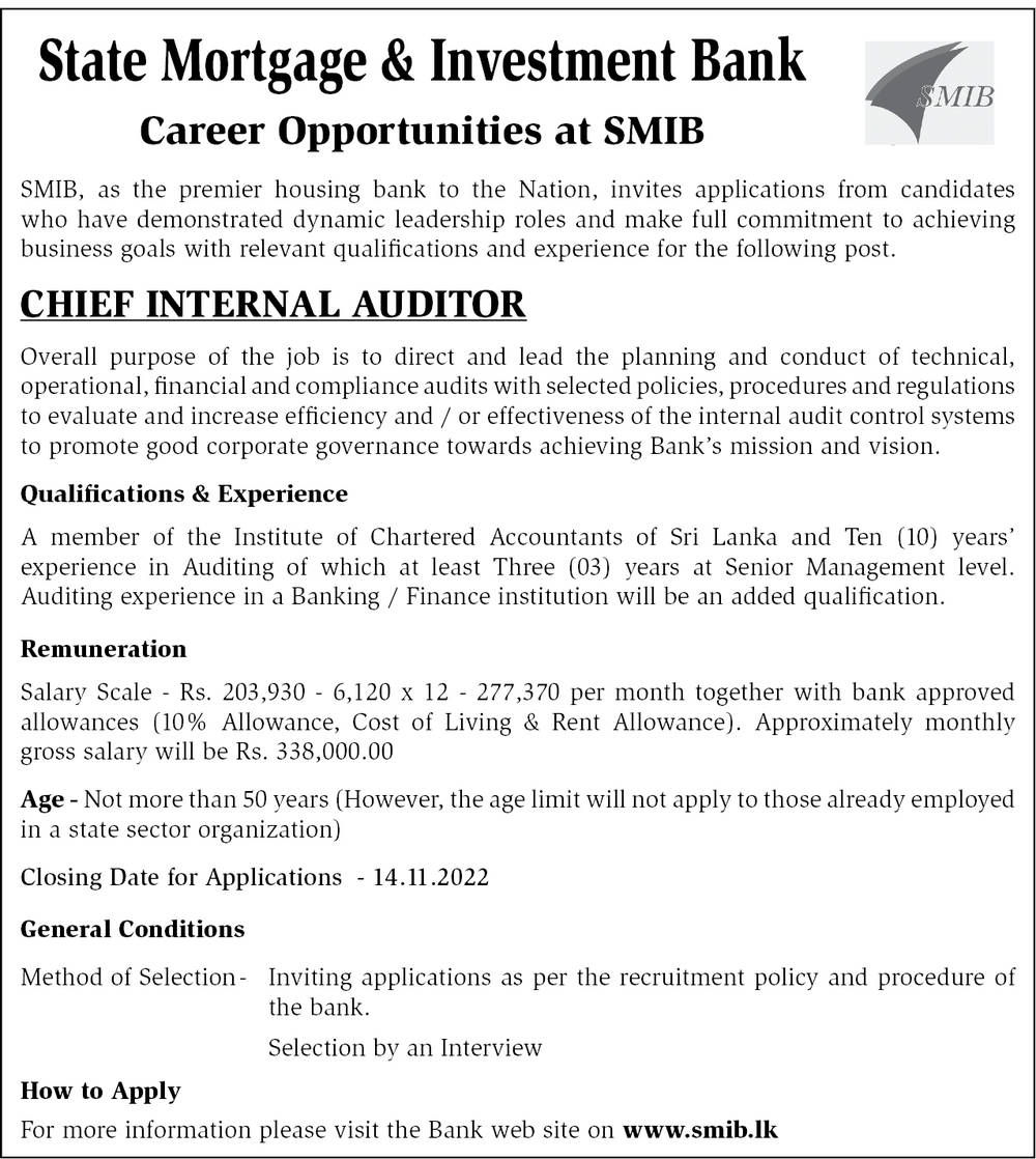 State Mortgage & Investment Bank ( SMIB ) Career in November 2022