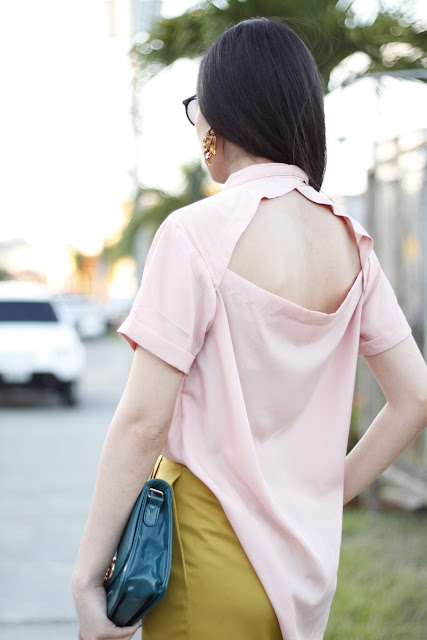 Bare back blouse, mustard vintage skirt