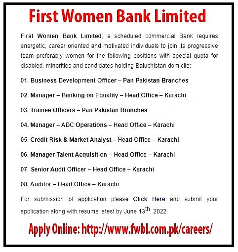 First Women Bank Limited New Jobs 2022 FWBL Fill Out Online Form