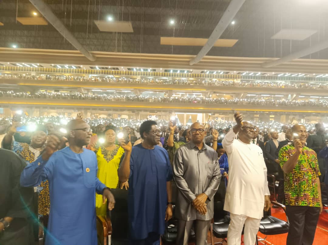 Peter Obi with Pastor Paul Enenche at the crossover service at the Dunamis International Christian Centre, Glory Dome, Abuja