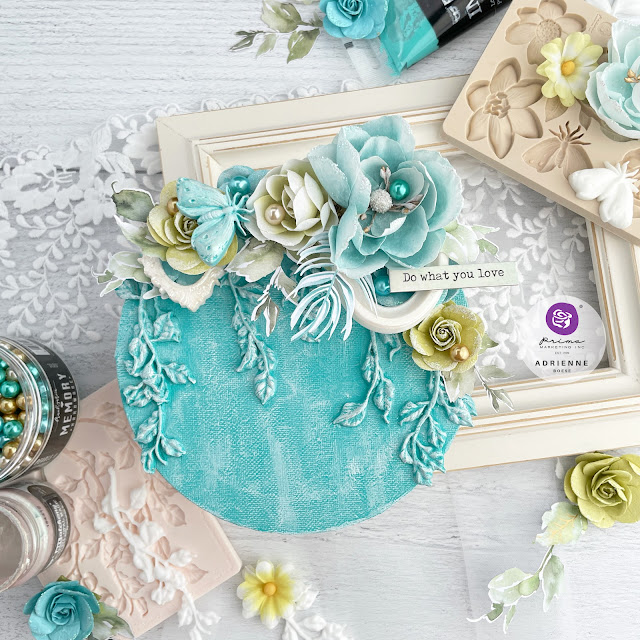 Mixed media canvas created with Prima Marketing moulds from Watercolor Floral, The Plant Department and With Love collections, along with flowers from Postcards from Paradise, and Finnabair Impasto Paint and other art mediums.