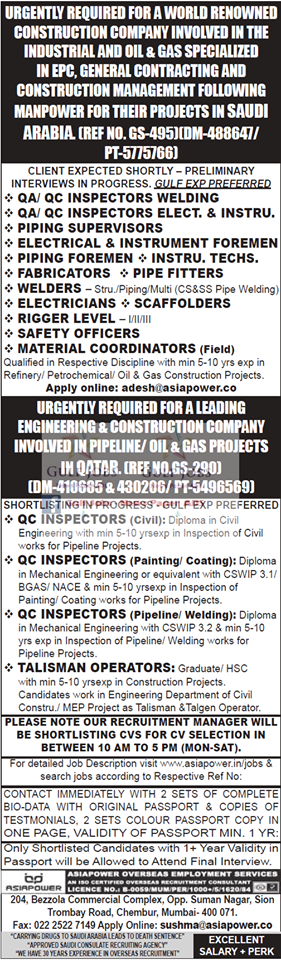 Oil & Gas construction Project Jobs for Saudi Arabia