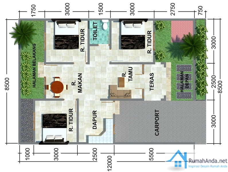  Denah  Rumah  Minimalis 8x15  1 Lantai 3d