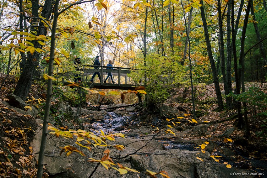 Portland, Maine USA Jewell Falls footbridge part of Portland Trails Network. October 2015. Photo by Corey Templeton.