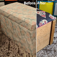 Two photos edited together, with one labelled "before" the other "after. The before shows an ottoman covered in very faded fabric, which would have once been pink flowers on a blue background. The one on the After side shows wooden sides with fabric lid, with skulls and flowers.