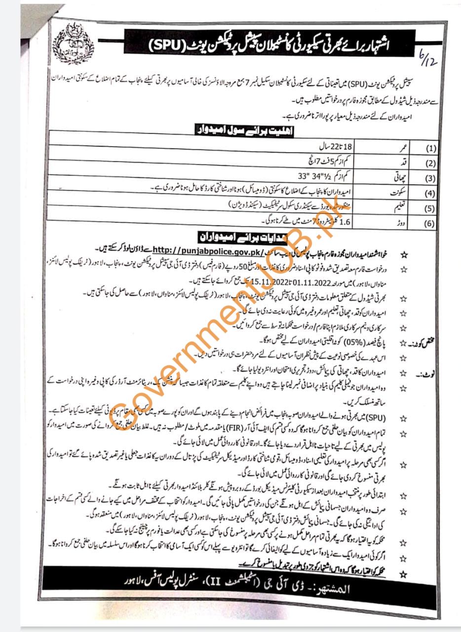 SPU Jobs 2022 – Punjab Police Special Protection Unit