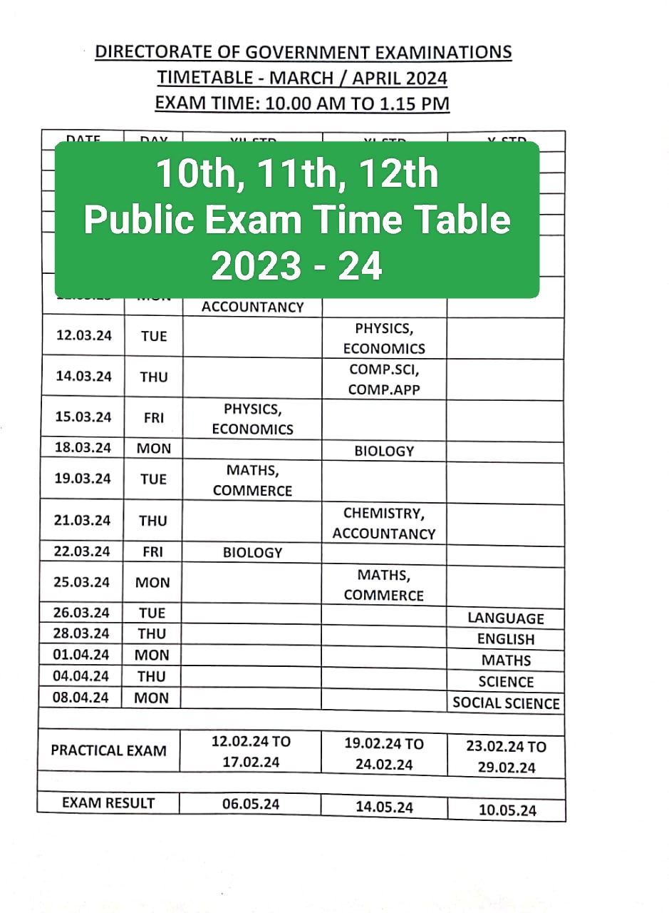 10th 11th 12th Public Examination Time Table 2023 - 2024