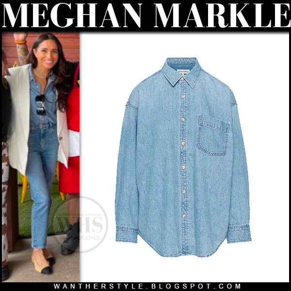 Meghan Markle in denim shirt, jeans and white blazer