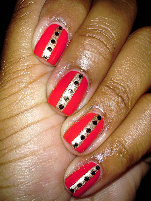 Revlon Craving Coral, Steven Tyler inspired, center stripe, black, gold, nail art, nail design, mani