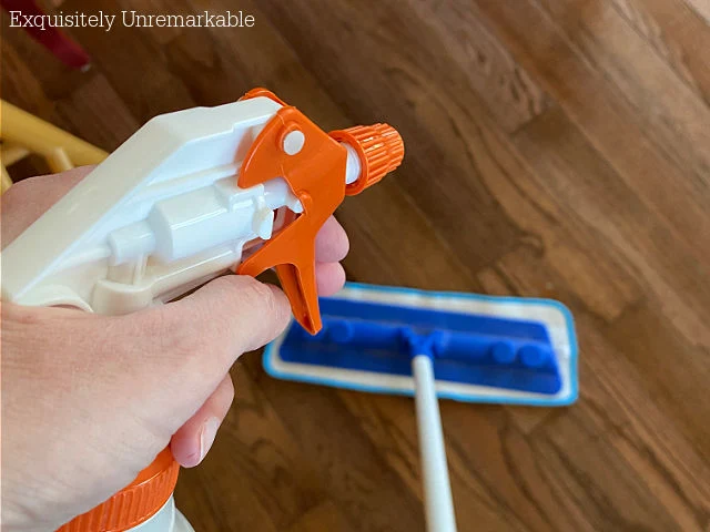 Spraying vinegar on a wood floor