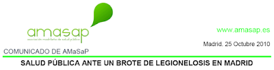 Titular del comunicado de la AMaSaP sobre Brote de Legionelosis en la Comunidad de Madrid