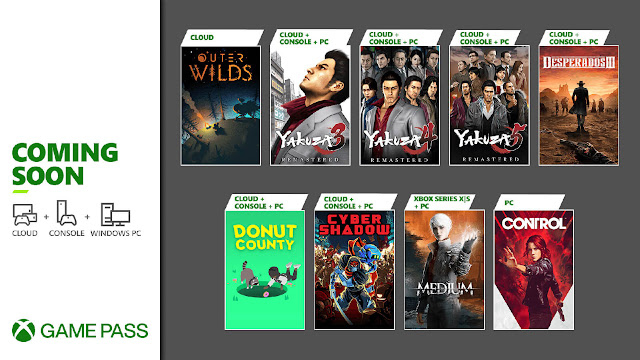 xbox game pass 2021 control cyber shadow desperados 3 donut county outer wilds the medium yakuza remastered collection android pc xb1 xsx