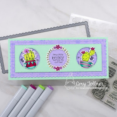 Inky Paws Challenge Color Challenge - Cuppa Cactus stamp and die set, Happy Little Thoughts stamp and die set, Mugs stencil, Slimline Frames and Portholes die set by Newton's Nook Designs #newtonsnook #handmade