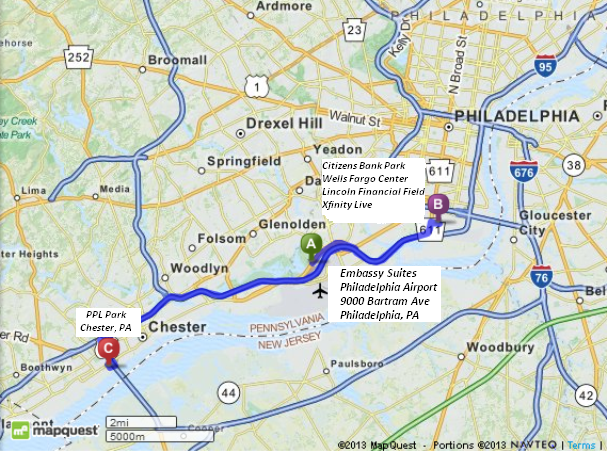 map of Embassy Suites Philadelphia Airport, PPL Park Chester PA and South Philadelphia Sports Compelx