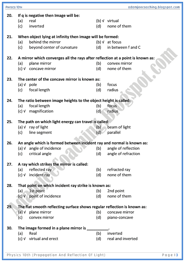 propagation-and-reflection-of-light-mcqs-physics-10th