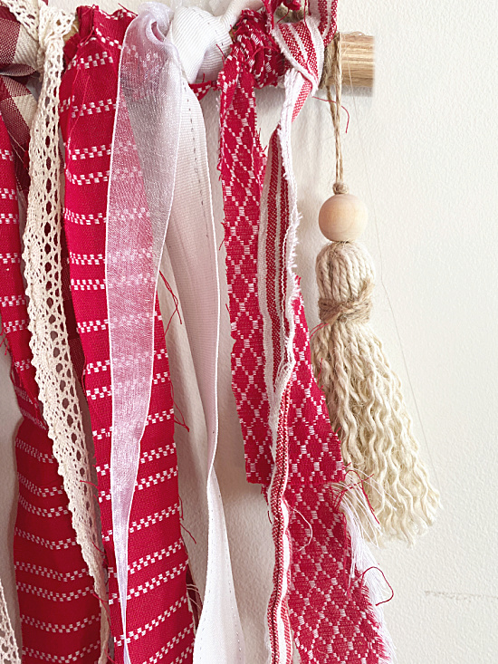 red and white fabric strips