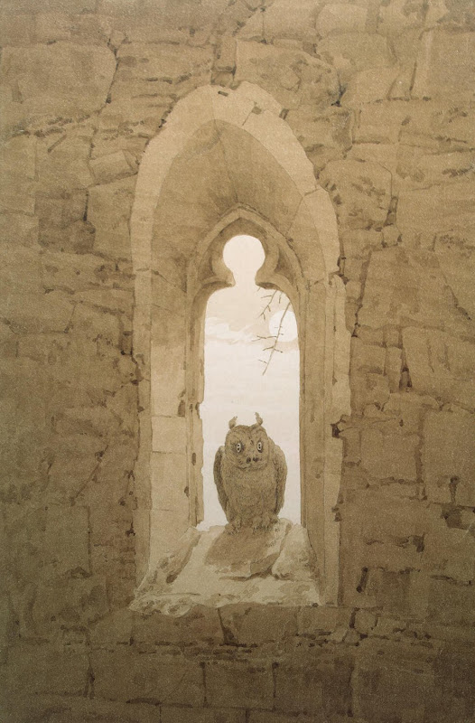 Owl in a Gothic Window by Caspar David Friedrich - Genre Painting, Animal Drawings from Hermitage Museum