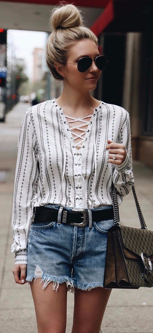 summer workwear | lace-up blouse + denim shorts 
