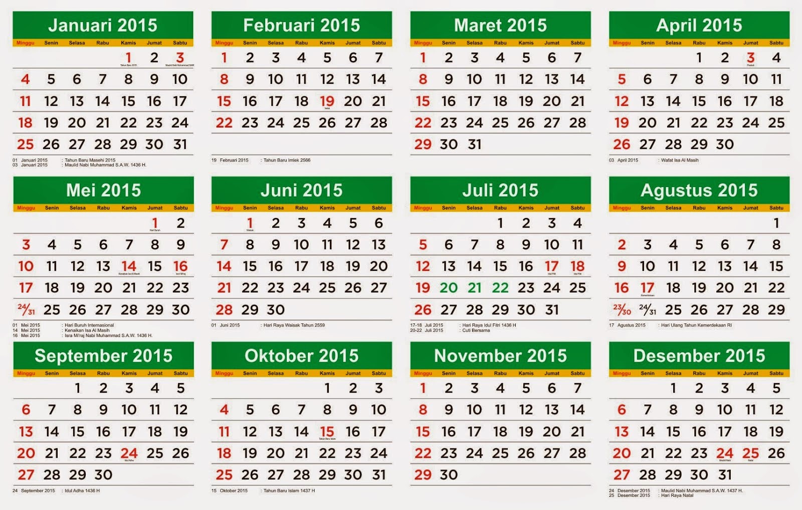 Kalender 2015, cuti bersama dan hari libur nasional 