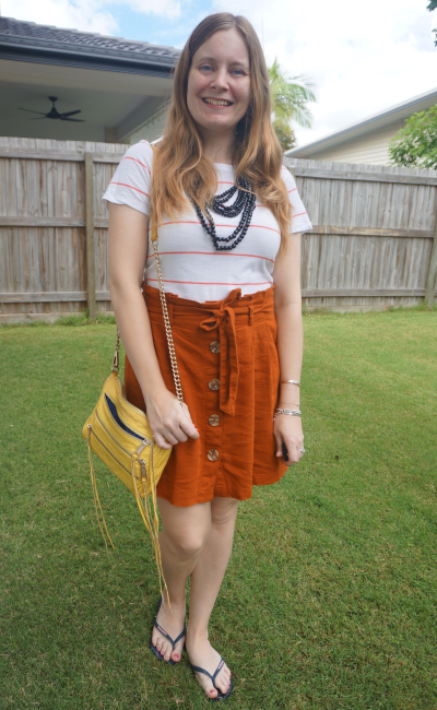 orange stripe tee with rust linen button up skirt yellow bag | awayfromblue
