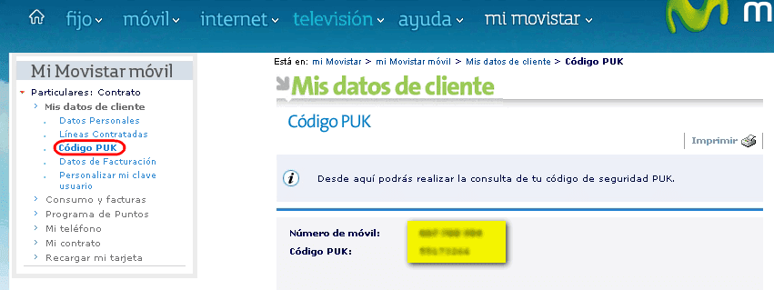 Consultar PIN y PUK en web Movistar