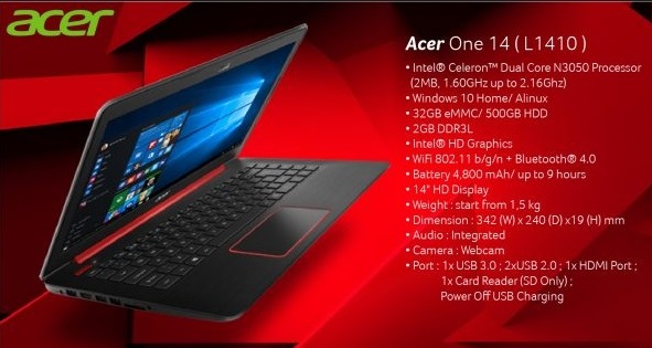 Harga Laptop Acer One 14 L1410 Tahun 2017 Lengkap Dengan Spesifikasi, Baterainya Tahan Lama