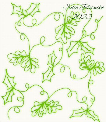 A green line drawing of holly and ivy leaves