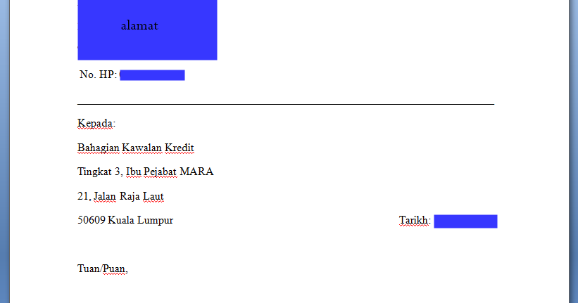 Surat Permohonan Pinjaman Mara - Rasmi Suc