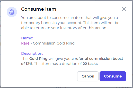 Name:  Rare - Commission Gold Ring  //  Description:  This Gold Ring will give you a referral commission boost of 12%. This item has a duration of 22 tasks.