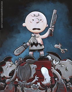 mashup art, peanuts and evil dead