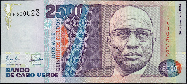 Currency of Cape Verde 2500 Escudos banknote 1989 Amilcar Cabral