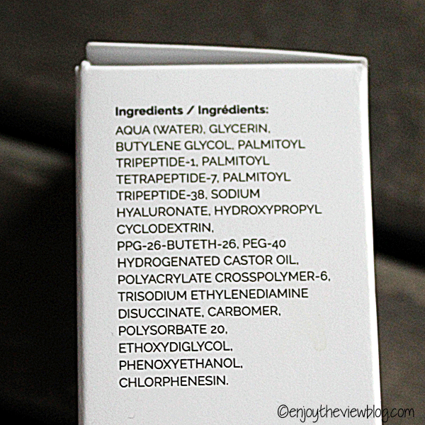 Ingredients in Matrixyl 10% + HA from The Ordinary listed on the side of the product box