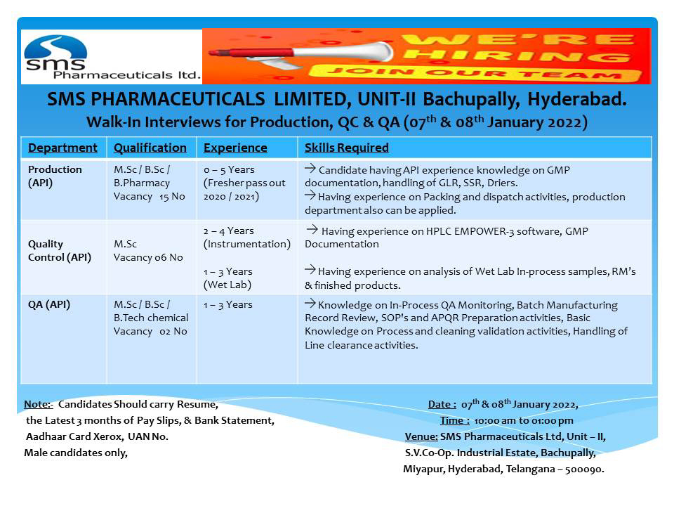 Job Availables,SMS Pharmaceuticals Ltd  Walk-In-Interview For B.Tech Chemical/ BSc/ MSc/ B.Pharm