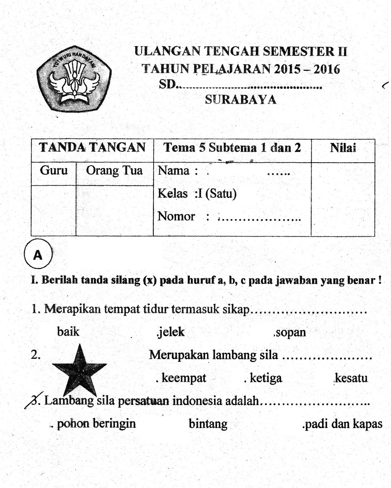 UTS Ujian Tengah Semester Tema5 SubTema 1 dan 2 SD Kelas 1 TA 2015 2016 Kurikulum2013