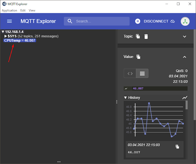 Connected to MQTT broker, with CPUTemp subject selected