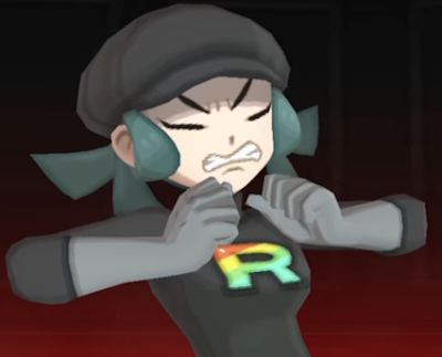 Team Rainbow Rocket Grunt female girl defeated frustrated annoying cringed clenched face Pokémon Ultra Sun Moon