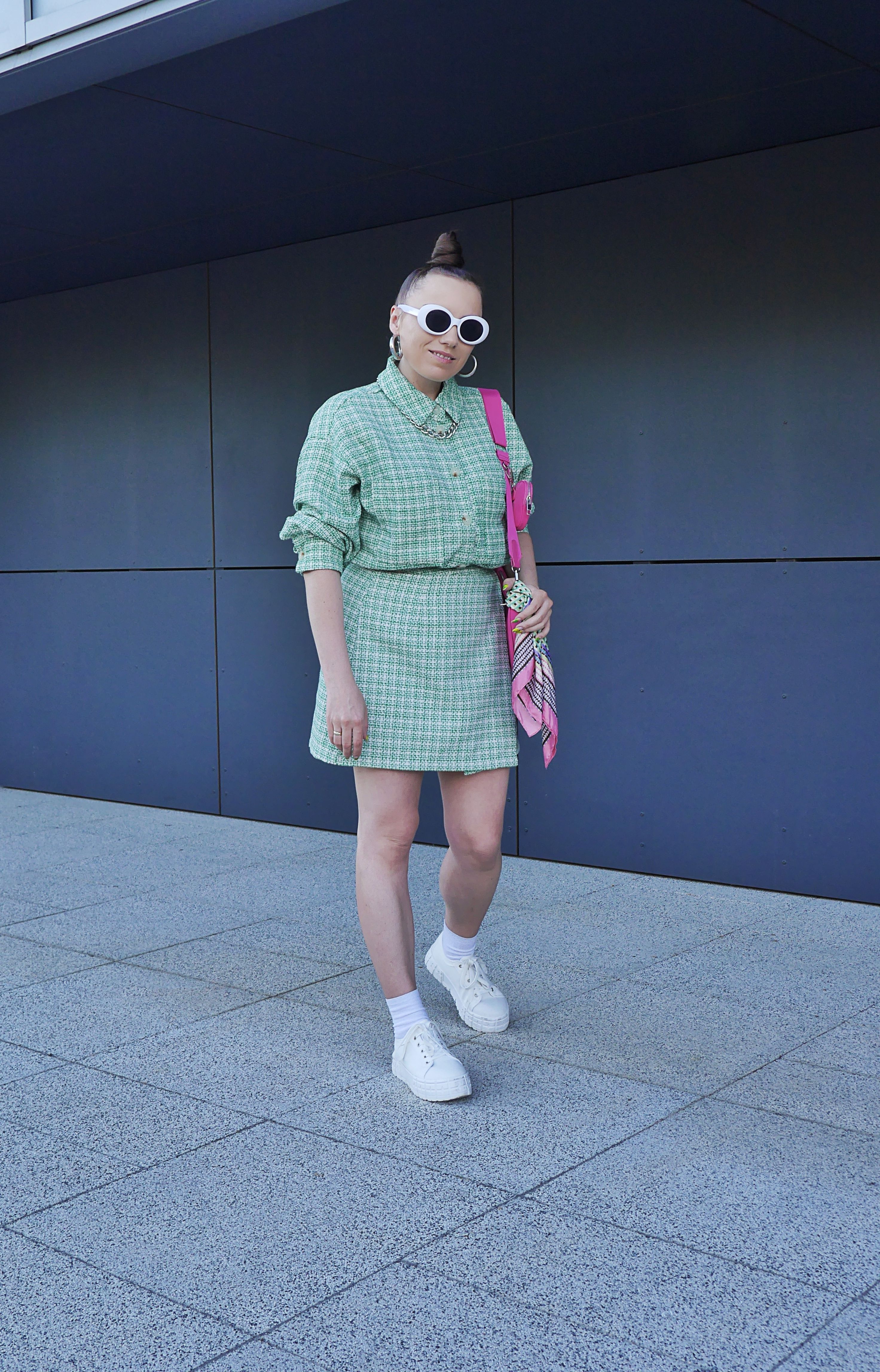 fashion blogger green two piece set bonprix pink bag sinasy white platform shoes ccc