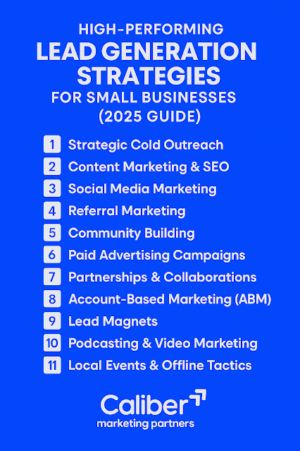 Discover 11 proven lead generation strategies SMBs can use in 2025 — from cold emailing to SEO and social ads. Real stats, case study & CTA to Caliber.