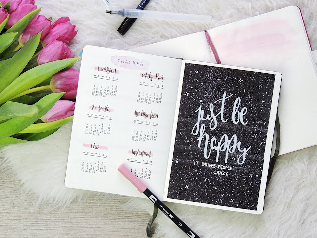 bullet journal habit tracker spread and handlettering quote with galaxy painting by glitter is black