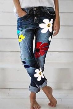  denim floral print pants