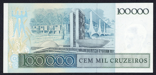 Brazil Banknotes 100 Cruzados on 100000 Cruzeiros banknote 1986 Buildings of Brasilia