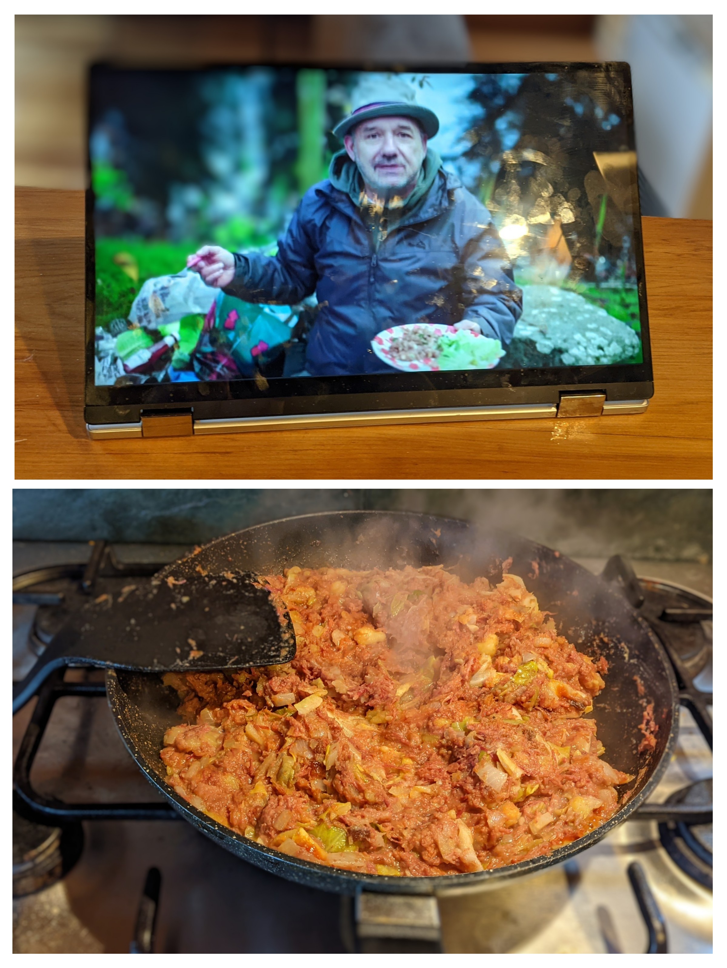 Collage of Bob Mortimer cooking corned beef hash and my attempt