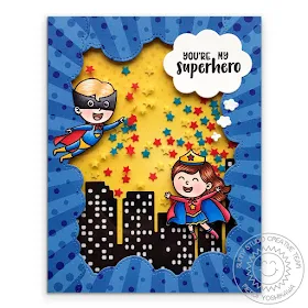 Sunny Studio Stamps: Super Duper You're My Superhero Star Shaker Card (using Comic Strip Speech Bubbles Dies, Cityscape Border die, Fluffy Clouds Border dies & Heroic Halftones 6x6 Paper)