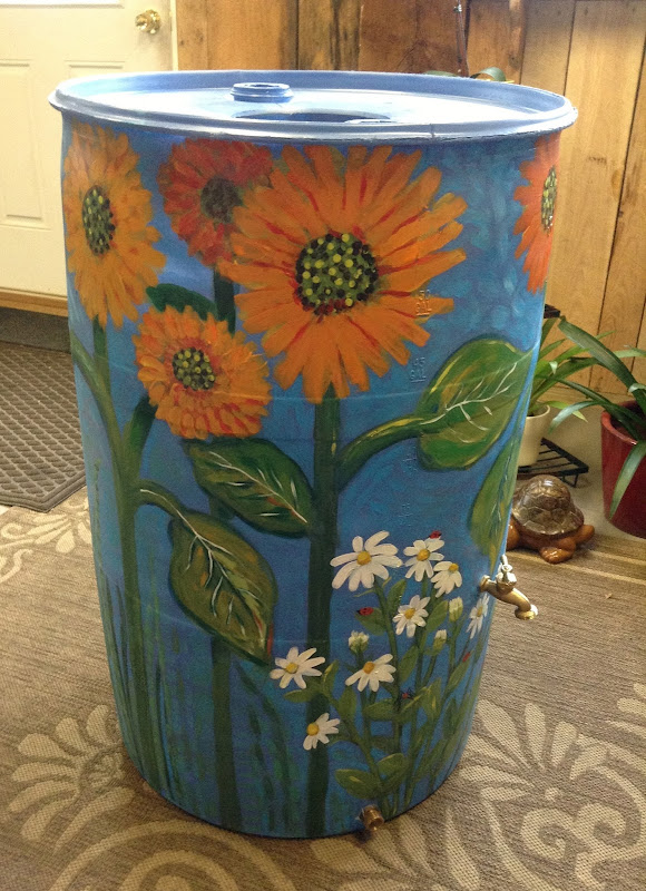 Sunflower and Daisy Rain Barrel title=