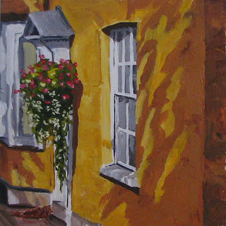 brick wall flowers window acrylic painting