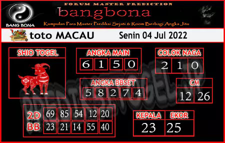 Prediksi Bangbona Toto Macau Senin 04 Juli 2022